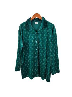 Vintage Jacket Top Large Velvet Romantic Shacket Green Button Up Floral Velour